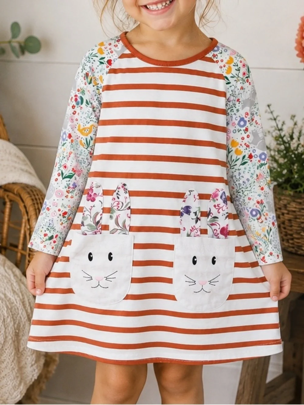 Sun Moon Kids Boutique Toddler Girl Mixed Media Long Sleeve Dress Bunnies Floral